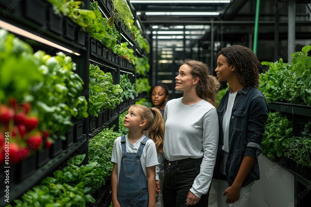 Fototapeta premium A young family exploring the wonders of urban agriculture in a modern vertical farm filled with vibrant greens and fresh produce