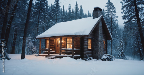 A cozy cabin nestled in a forest during a heavy snowfall, surrounded by snow-covered trees and a smoking chimney, while snow blankets the entire area.