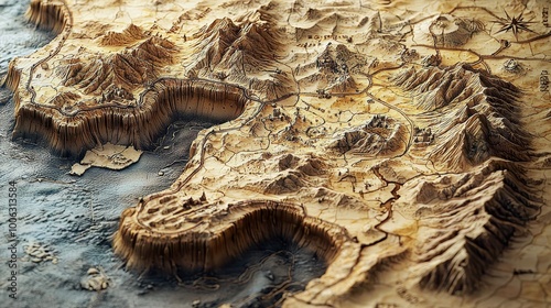 3D topographic map with detailed mountain ranges and coastal areas in an antique style photo