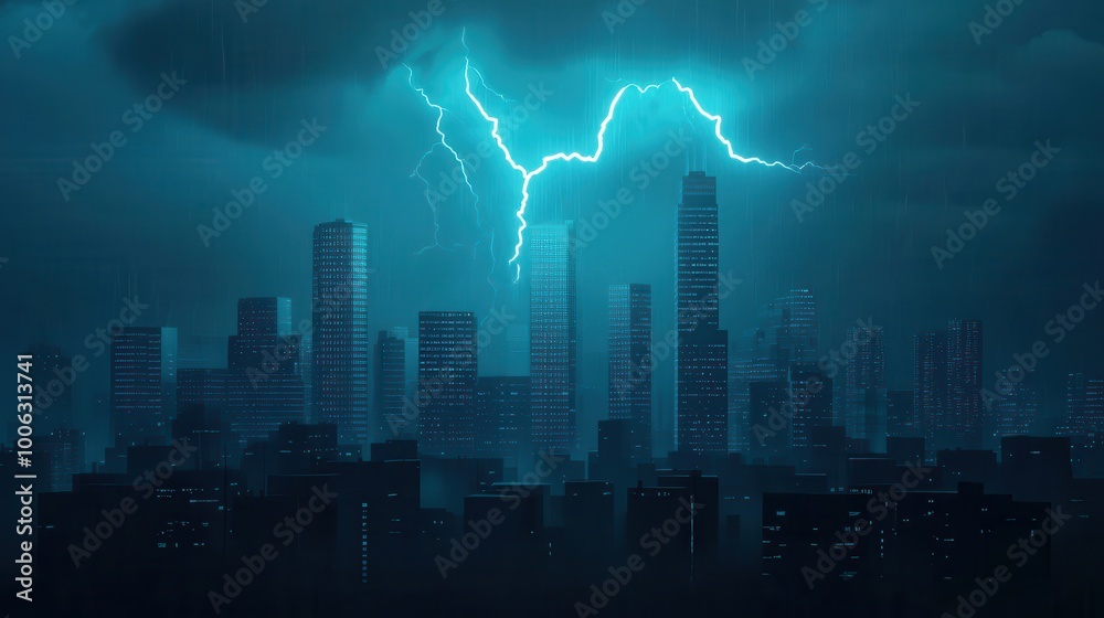 Thunderstorm over a city skyline, bolts of lightning illuminating the night, 3D illustration