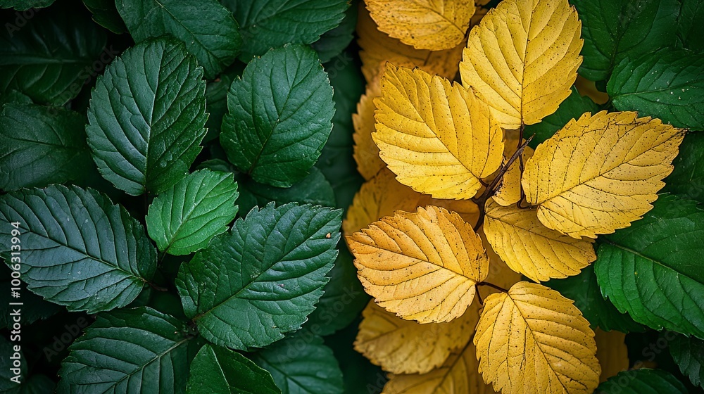 Green and yellow leaves, summer and autumn, change of seasons