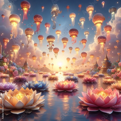 Floating Loy krathong and candle in moon folk festival. Loy Krathong Festival in Thailand