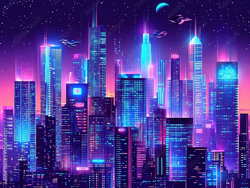 An isometric illustration of a sprawling futuristic city skyline at night. An isometric illustration of a sprawling futuristic city skyline at night.