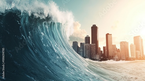 Tsunami wave crashing into a coastal city, buildings submerged, 3D illustration