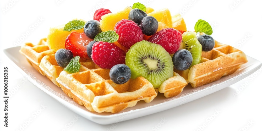 Delicious waffles with strawberries, blueberries, raspberries and kiwi slices. Perfect healthy breakfast or snack. Delicious waffles with strawberries, blueberries, raspberries and kiwi slices. Perfect healthy breakfast or snack.
