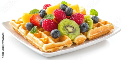 Delicious waffles with strawberries, blueberries, raspberries and kiwi slices. Perfect healthy breakfast or snack.