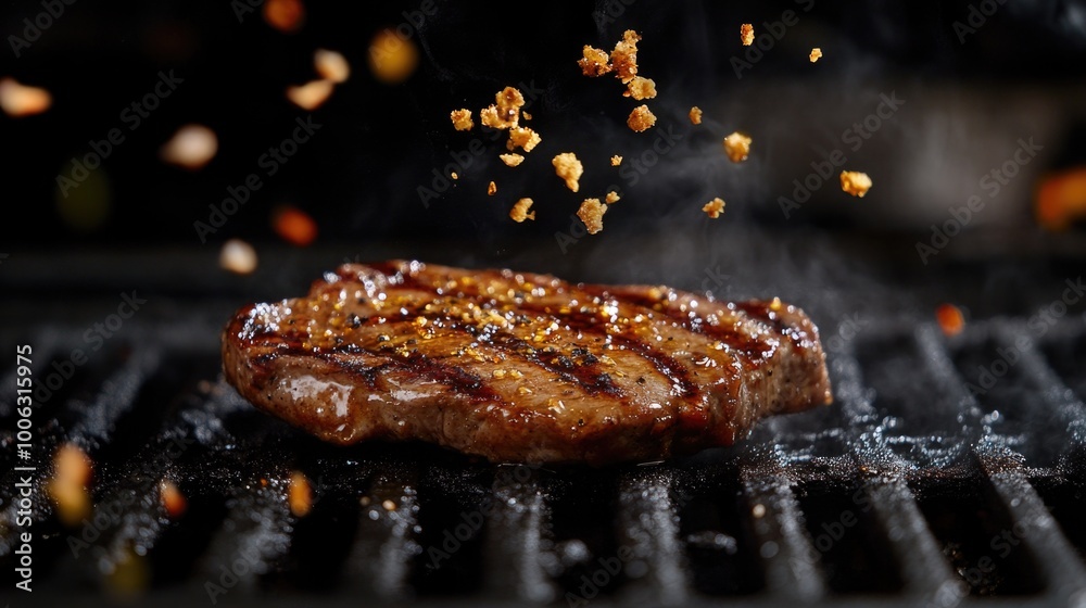A close-up of a steak being cooked with pepper and spices, sizzling on an outdoor grill. A close-up of a steak being cooked with pepper and spices, sizzling on an outdoor grill.