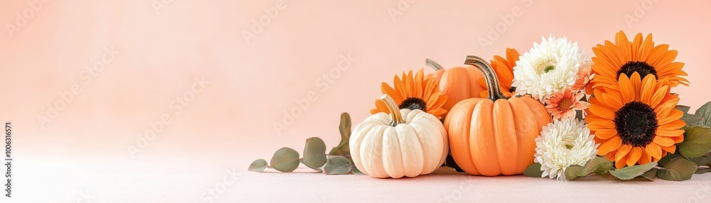 The image shows a group of small pumpkins and sunflowers arranged in a group on a white background. There are six pumpkins of different sizes and shapes, with the largest one in the center and two The image shows a group of small pumpkins and sunflowers arranged in a group on a white background. There are six pumpkins of different sizes and shapes, with the largest one in the center and two