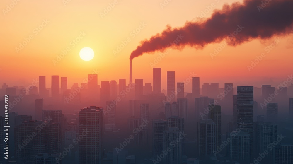 Smoky skies over a city at sunrise, air pollution and climate change, 3D illustration Smoky skies over a city at sunrise, air pollution and climate change, 3D illustration