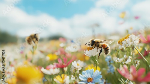 Bees pollinating flowers in a sustainable farm, biodiversity, 3D illustration photo