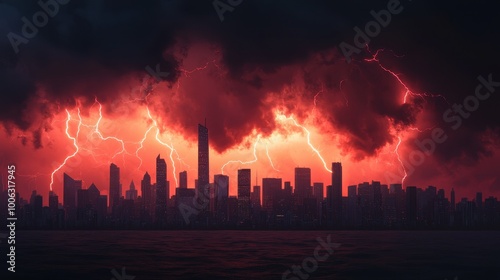 Thunderstorm over a city skyline, bolts of lightning illuminating the night, 3D illustration