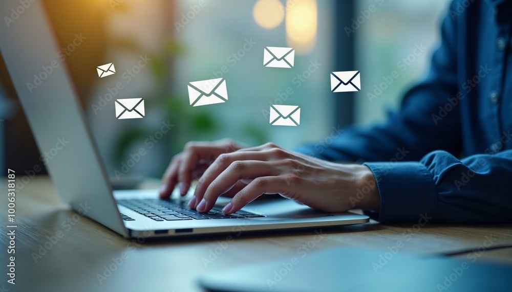 Concept of Email Communication with Hands Typing on Laptop Concept of Email Communication with Hands Typing on Laptop