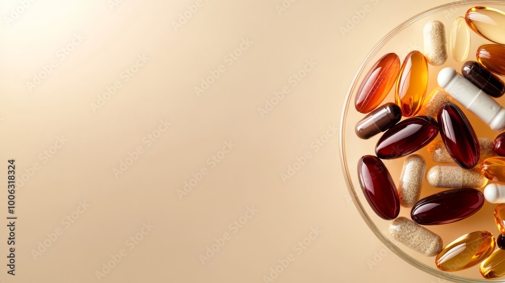 A clear glass dish is filled with a vibrant mix of vitamins and supplements in various shapes and colors, beautifully arranged against a soft beige background to convey wellness A clear glass dish is filled with a vibrant mix of vitamins and supplements in various shapes and colors, beautifully arranged against a soft beige background to convey wellness
