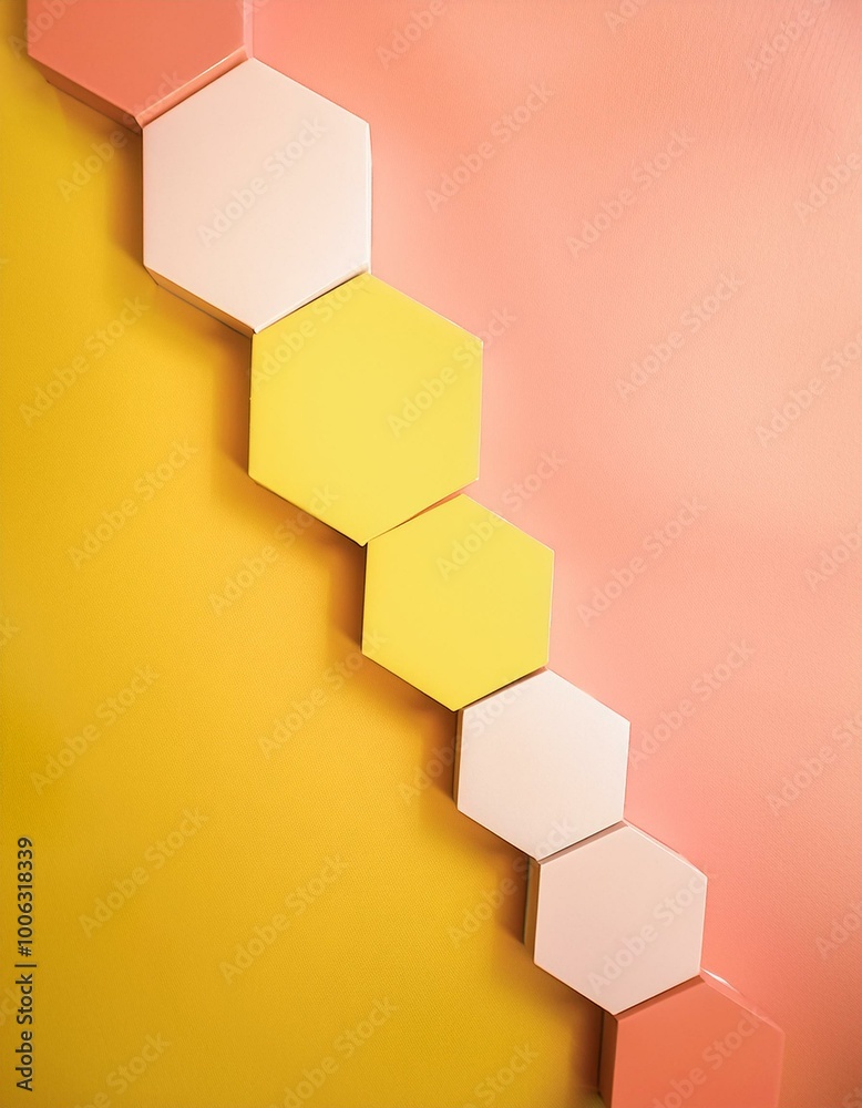 Hexagon shapes in yellow, pink, and white. Hexagon shapes in yellow, pink, and white.
