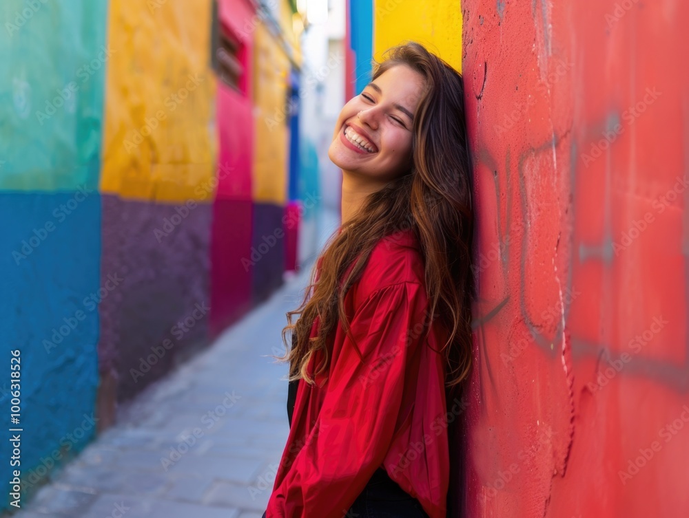Naklejka premium A young woman leaning against a colorful wall, smiling brightly.