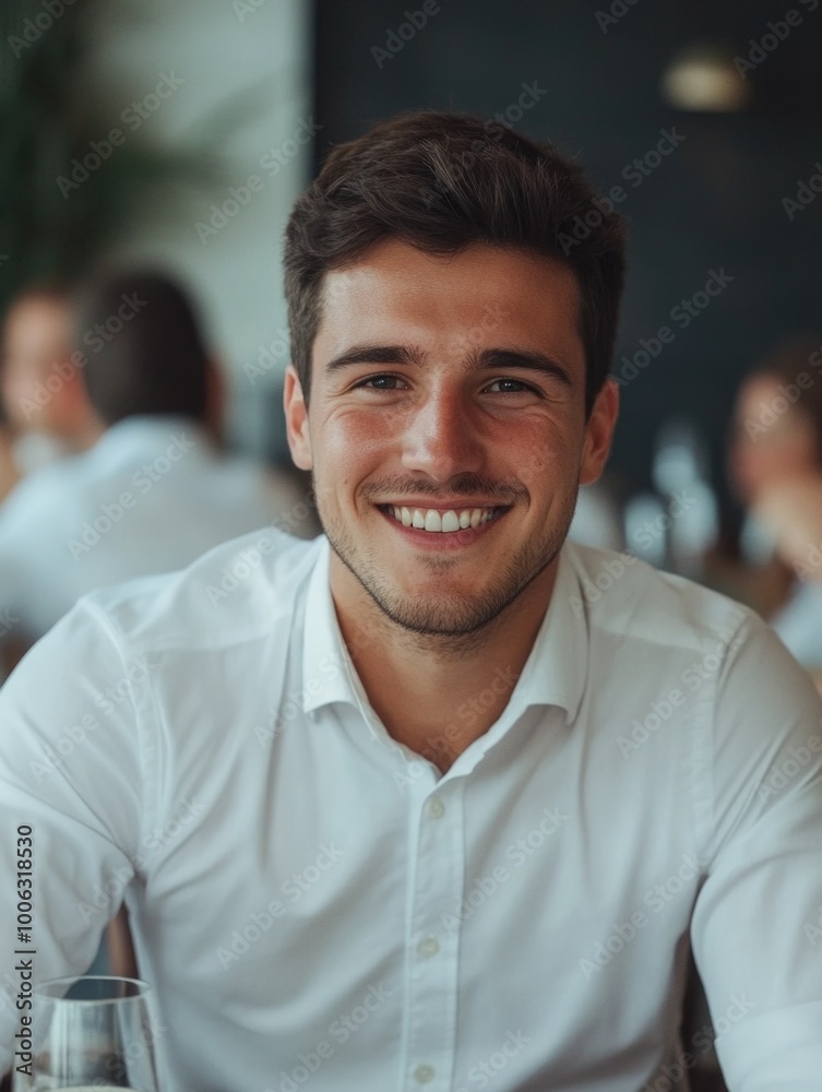 Fototapeta premium Handsome young man smiling at the camera, sitting in a modern restaurant with blurred background of other patrons.