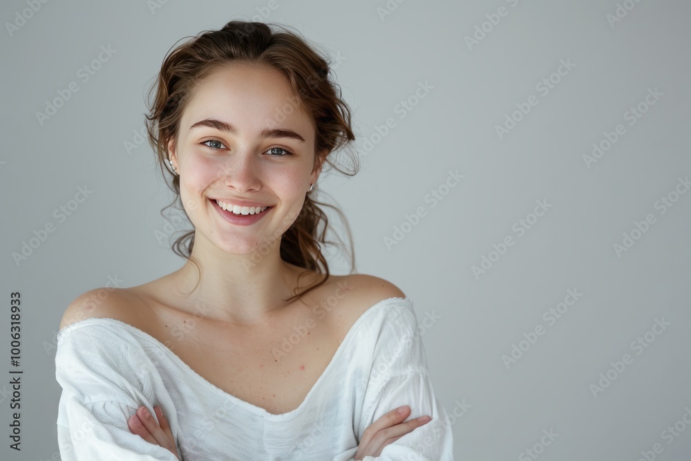 Smiling young female model with crossed arms, isolated on a white setting , background blur Smiling young female model with crossed arms, isolated on a white setting , background blur