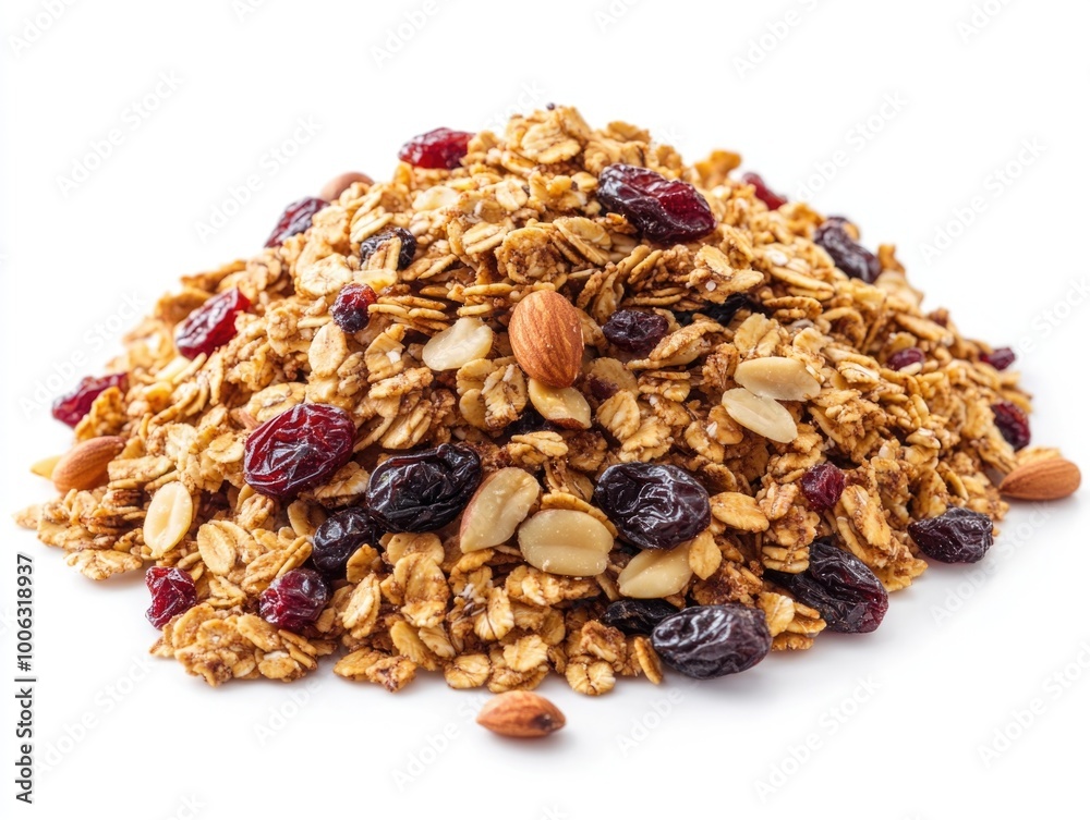 Pile of granola with raisins and nuts for a nutritious breakfast. Pile of granola with raisins and nuts for a nutritious breakfast.