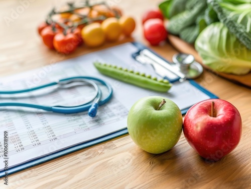 Apples on a table in front of a stethoscope and medical records, representing healthy eating and doctor visits.