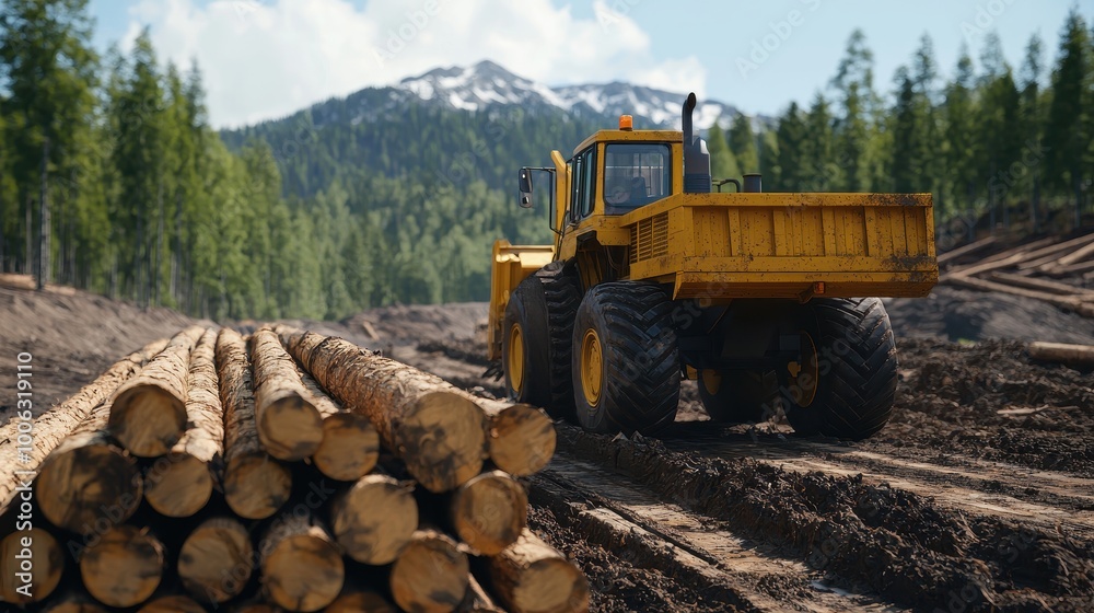 Sustainable logging operation, replanting trees after harvest, 3D illustration Sustainable logging operation, replanting trees after harvest, 3D illustration