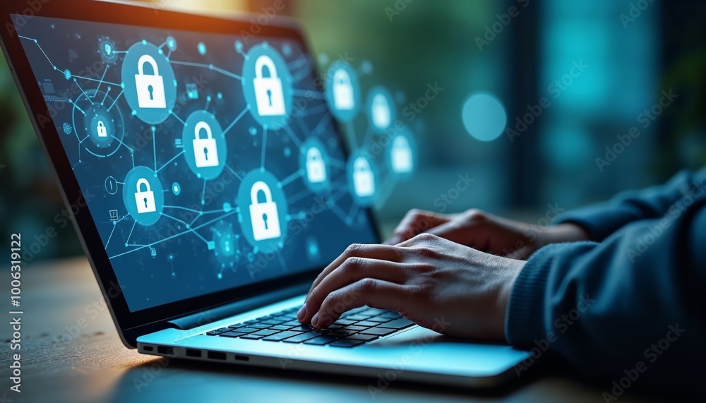Hands Typing on Laptop with Digital Security Interface for Cybersecurity Awareness Hands Typing on Laptop with Digital Security Interface for Cybersecurity Awareness