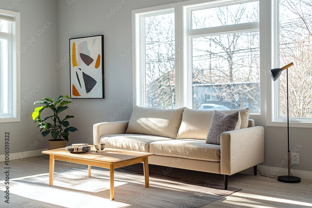 Fototapeta premium A mid-century modern interior photo of a living room with art-framed walls and a sofa and table. Generative AI 
