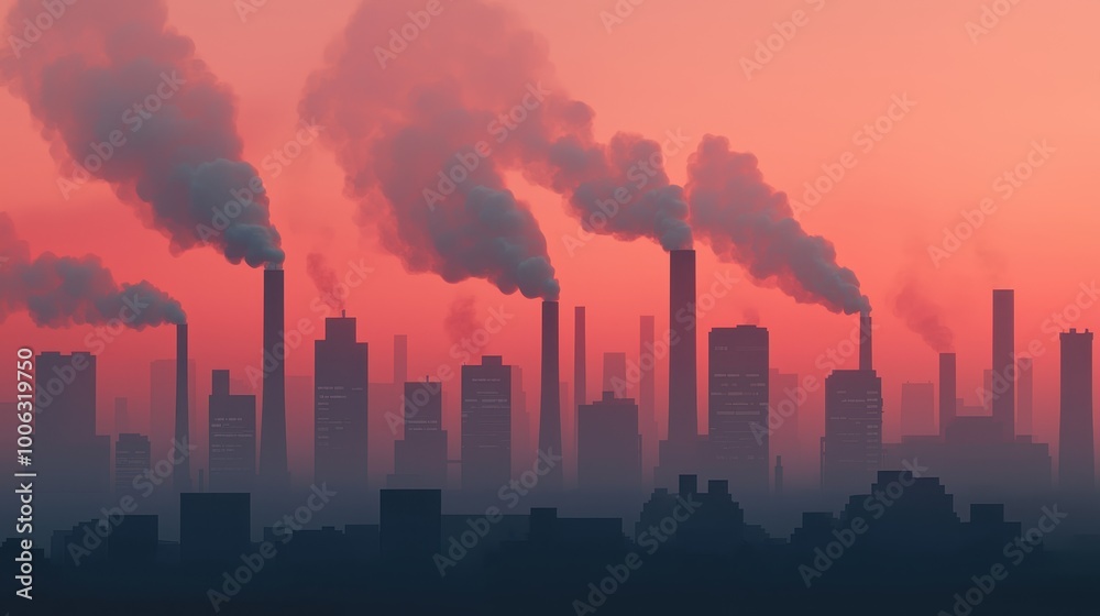 Obraz premium Smog-filled industrial city, heavy pollution from factories, 3D illustration