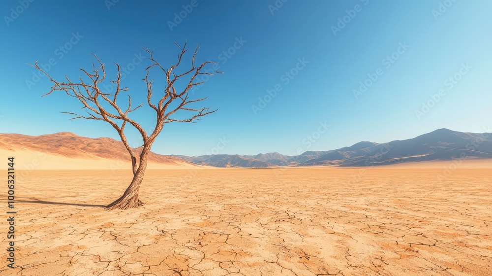 Desertification of land, advancing desert sands and dead trees, 3D illustration Desertification of land, advancing desert sands and dead trees, 3D illustration