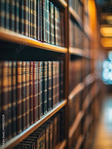 Collection of old books on a wooden bookshelf in a library setting. photo