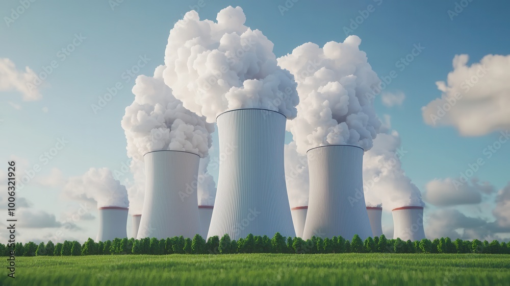 Smoke from coal plant covering rural landscape, environmental cost of energy, 3D illustration Smoke from coal plant covering rural landscape, environmental cost of energy, 3D illustration