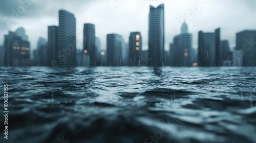 Hurricane hitting a coastal city, high winds and flooding, 3D illustration