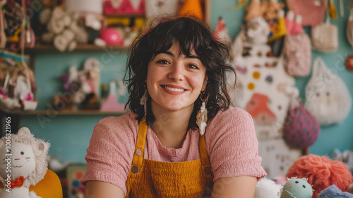 Playful Latinx Woman in Crafty Toymaking Environment