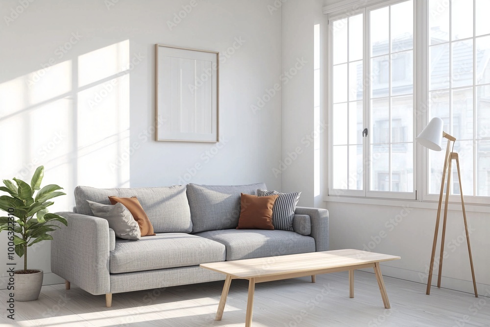 Fototapeta premium An interiors of a modern residential living room with art frames and sofas and tables based on Scandinavian interiors. Generative AI 