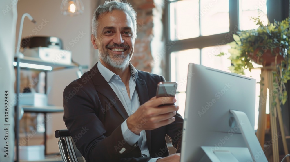 Fototapeta premium Man in a suit, smiling and using technology. Office environment.