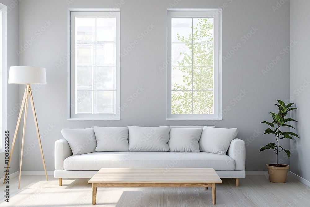 Fototapeta premium Modern living room interiors with light gray sofas based on Scandinavian interiors. Generative AI 
