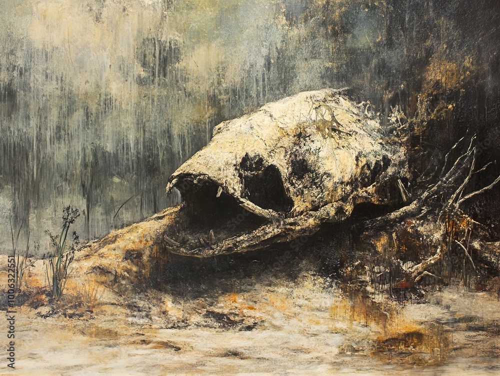 Fish Skull in the Forest: A Dark and Eerie Painting Fish Skull in the Forest: A Dark and Eerie Painting