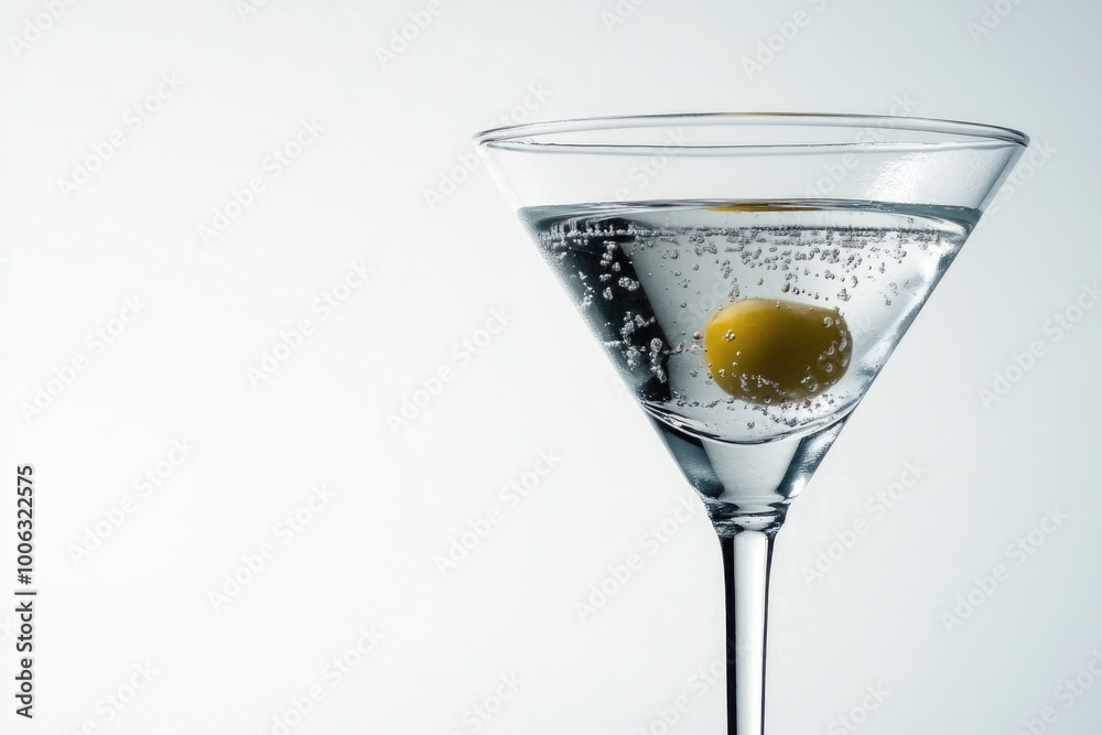 Glass of martini with olive and ice cubes on stem. Glass of martini with olive and ice cubes on stem.