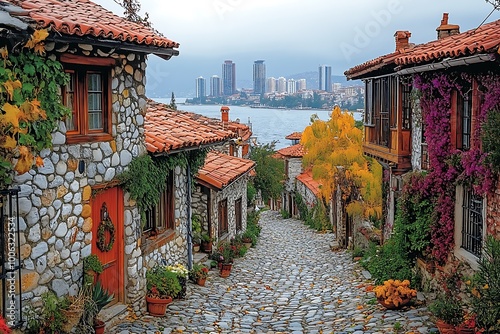 Charming cobblestone street lined with stone houses and vibrant flowers, leading to a picturesque sea view. photo