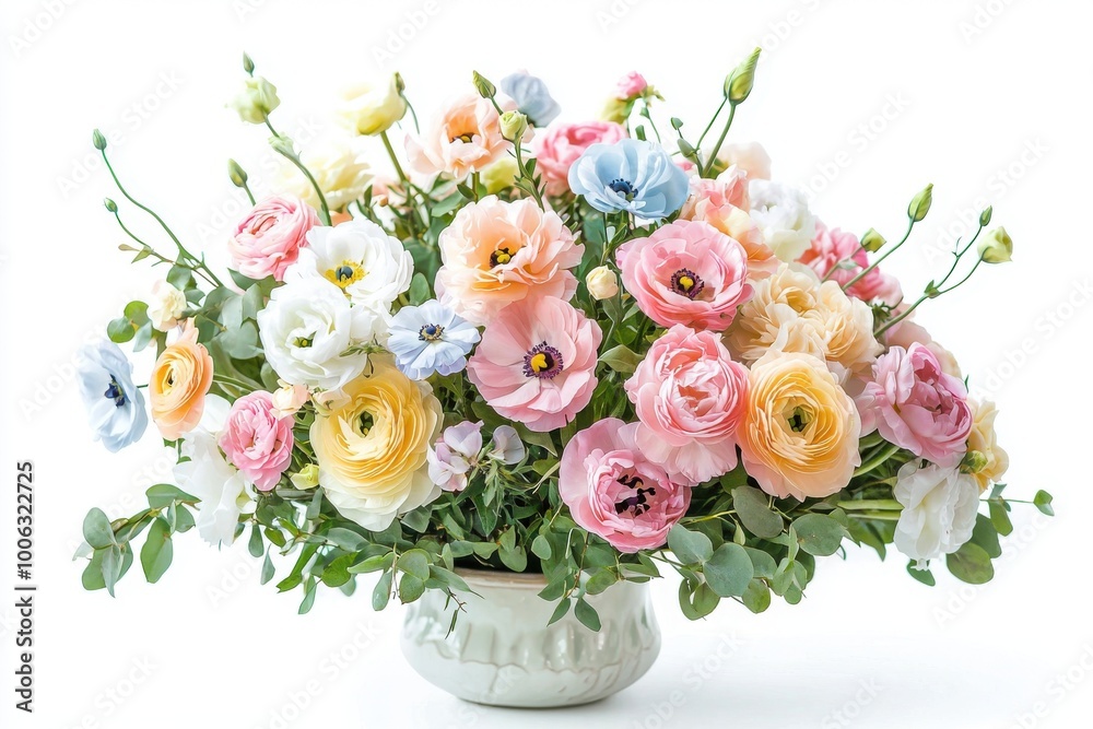Obraz premium A beautiful arrangement of colorful flowers in a white vase, showcasing delicate petals and vibrant hues, perfect for decoration.