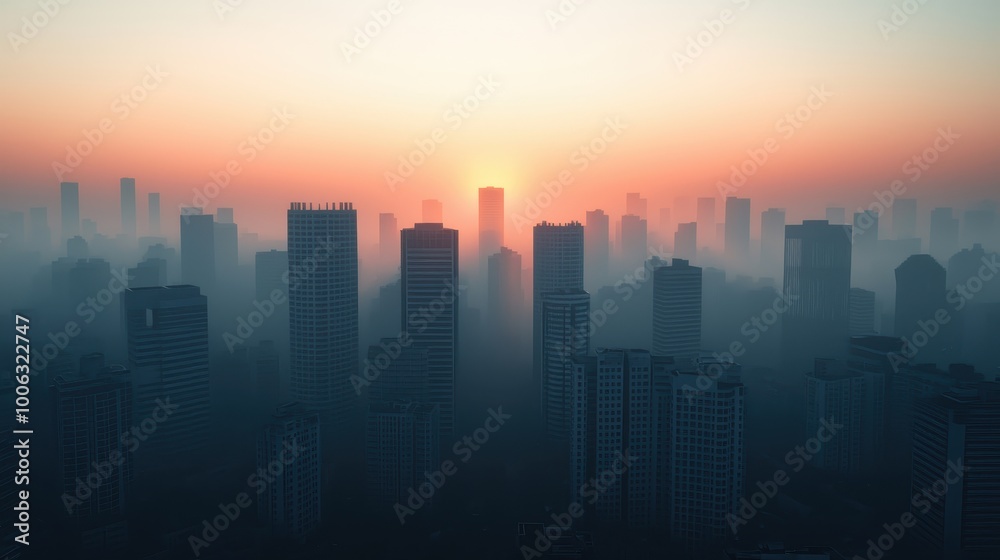 Smog-covered cityscape, air pollution crisis, 3D illustration Smog-covered cityscape, air pollution crisis, 3D illustration