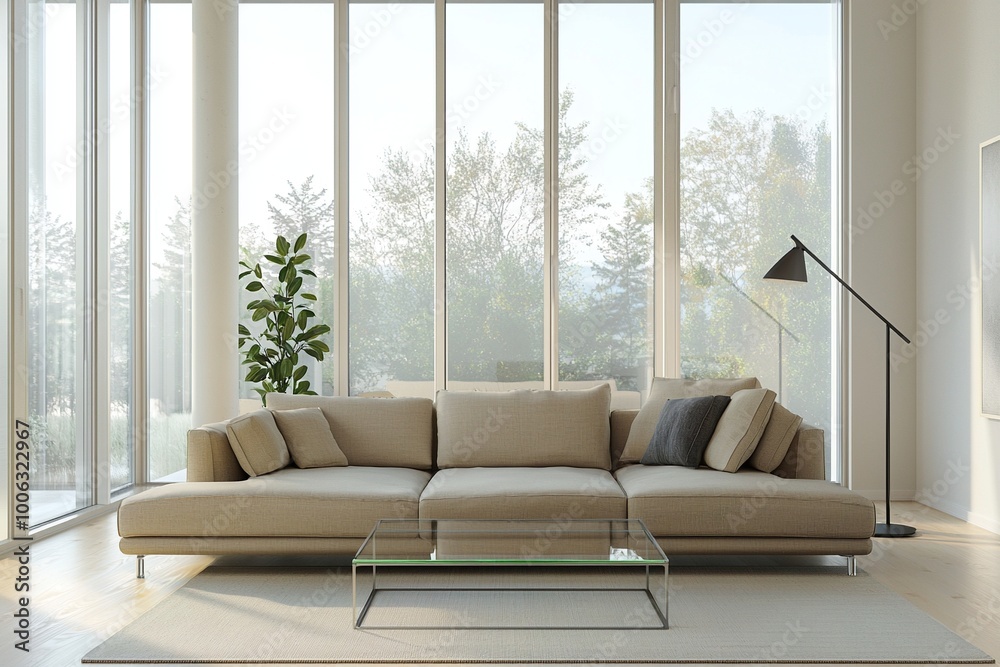 A mid-century modern interior photo of a living room with large windows and a sofa and table. Generative AI
A mid-century modern interior photo of a living room with large windows and a sofa and table. Generative AI