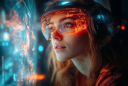 Woman immersed in a futuristic virtual reality experience.