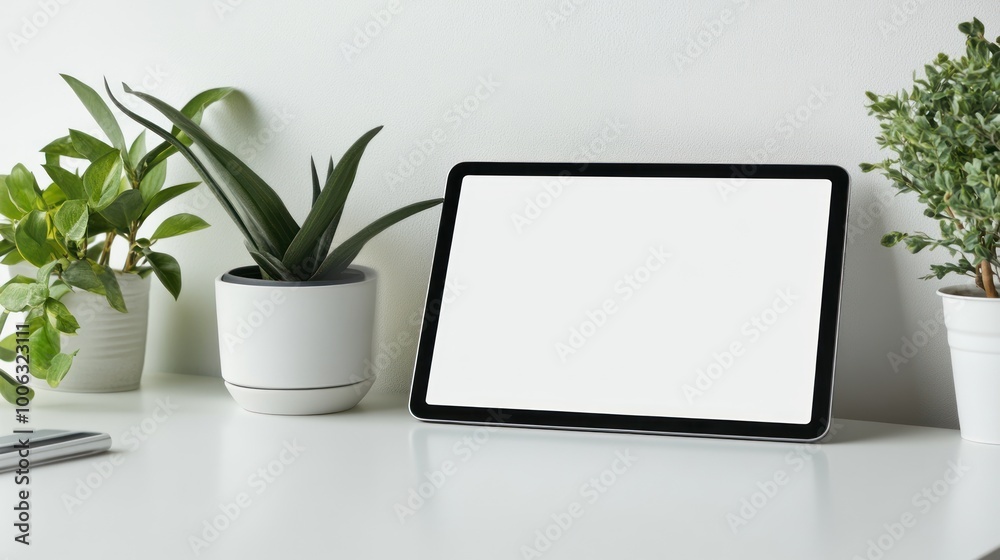 White Desk with a Tablet, Plants and Phone White Desk with a Tablet, Plants and Phone