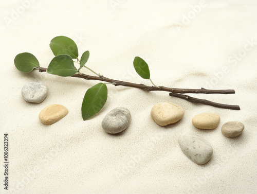 Stones and branch on sandy beach, nature art decoration with minimalistic design. photo