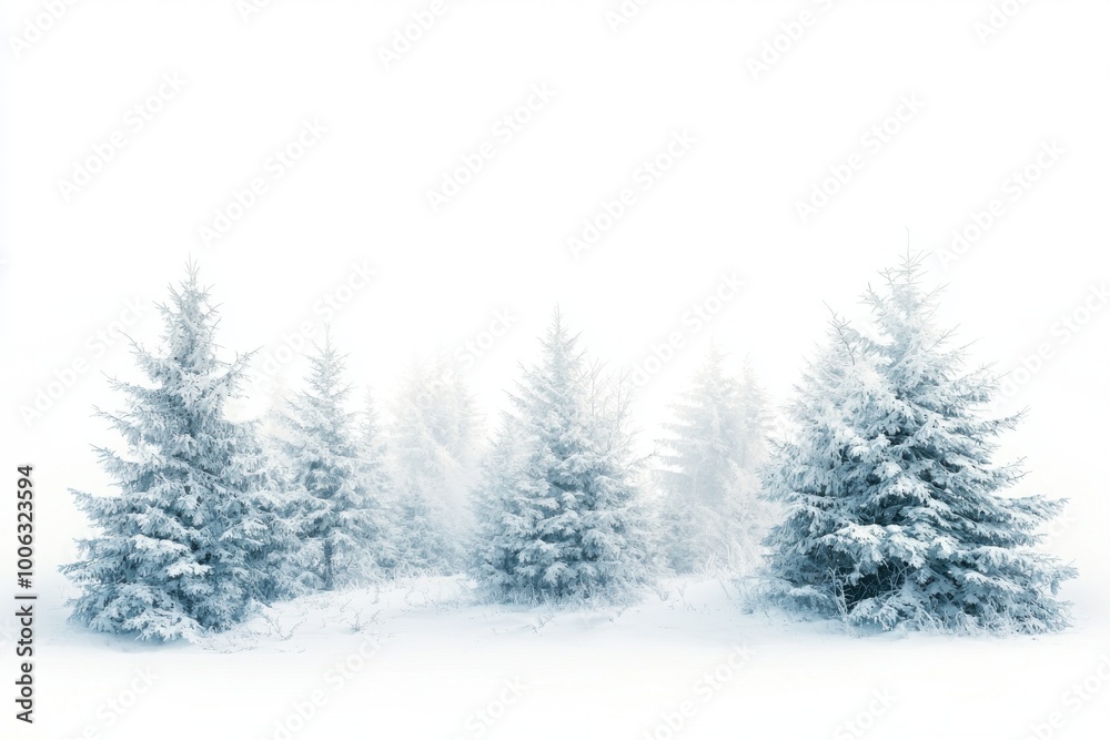 Fototapeta premium A serene winter landscape featuring snow-covered pine trees shrouded in soft fog, creating a tranquil and peaceful atmosphere.