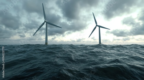 Wind turbines on the ocean, offshore renewable energy, 3D illustration photo