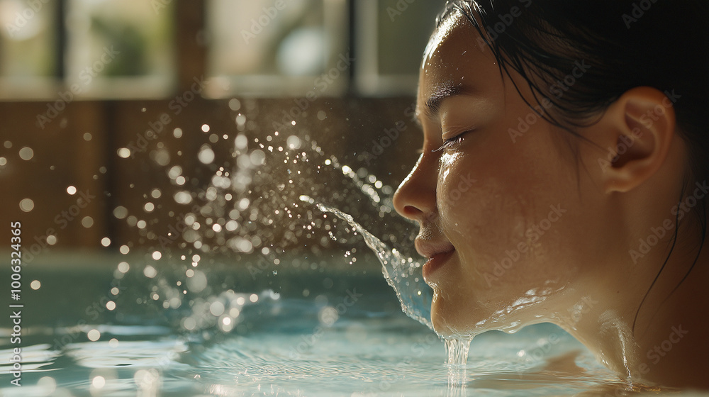 Obraz premium Woman washing face, A woman splashes water onto her face in a spa-like bathroom setting. The water droplets are captured mid-motion, and the radiant, dewy glow of her skin