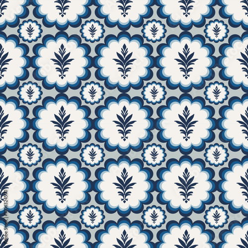 Seamless vector pattern with stylized deep blue floral motifs over layered scalloped circles in blue and white, evoking classic ceramic tilework and traditional textile designs.