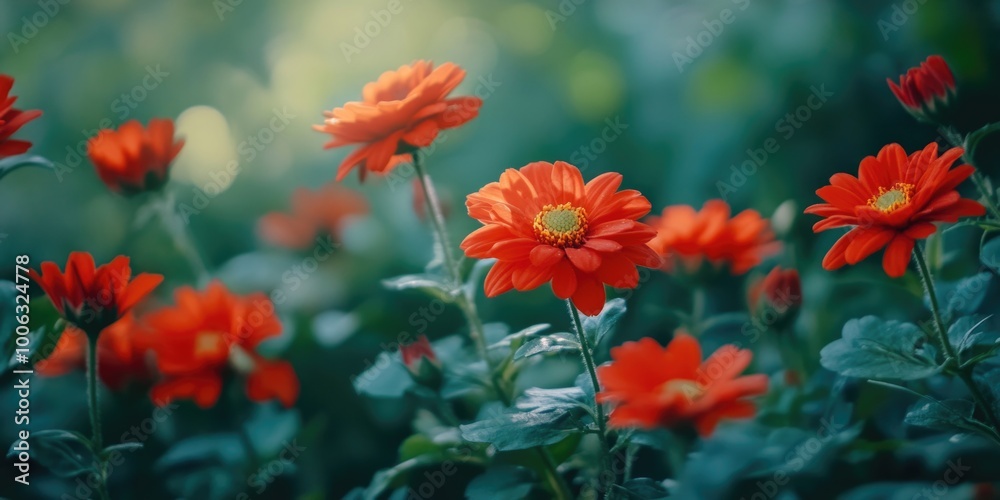 A field of red flowers in full bloom, with green foliage and bright sunlight A field of red flowers in full bloom, with green foliage and bright sunlight