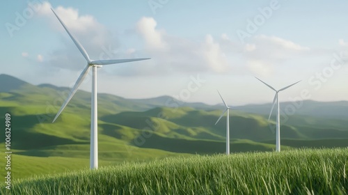 Wind farm in a hilly landscape, harnessing wind power, 3D illustration